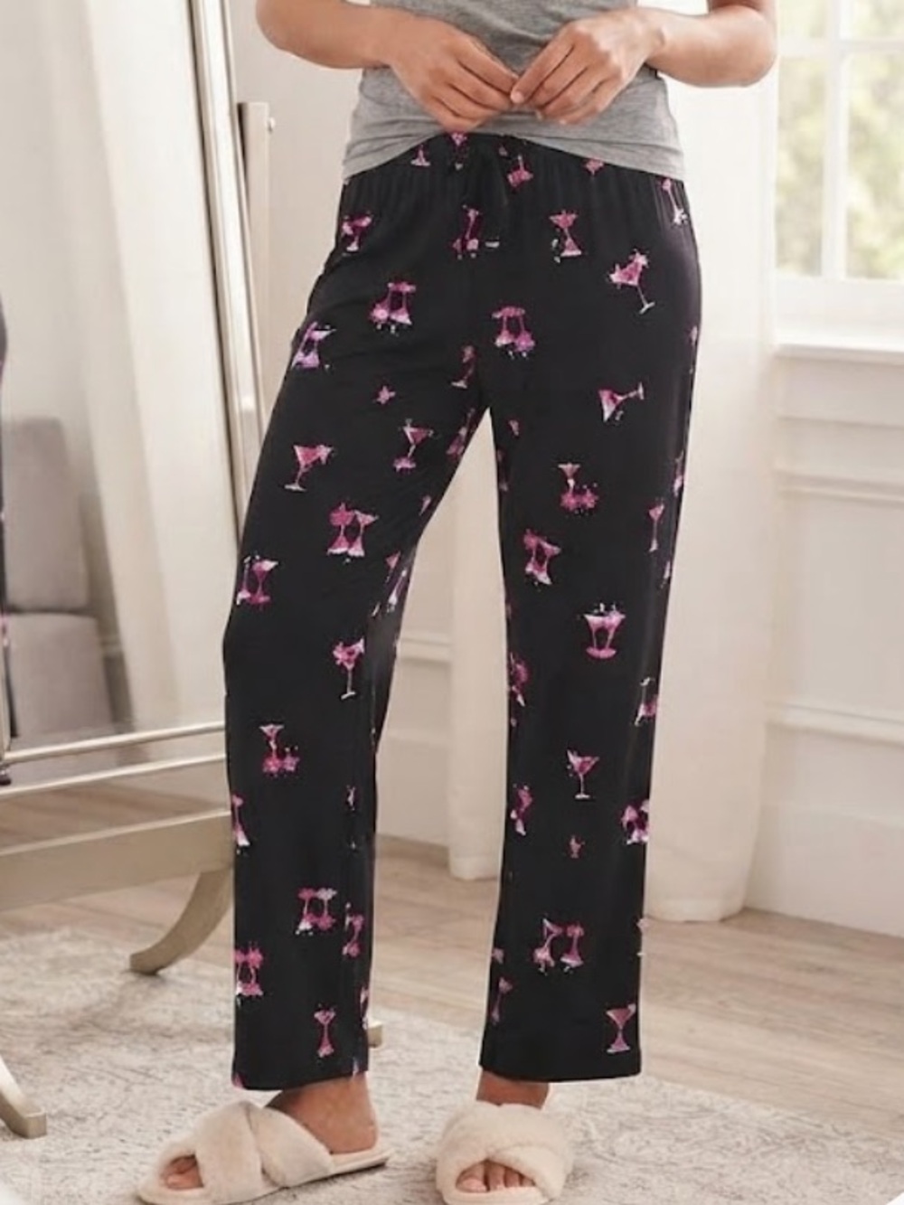 Soma Cool Nights Black Pink soft Martini Cocktail Pajama Pants pockets Size M